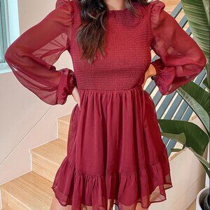 Lulus XS Berry Red Long Sleeve Smocked Mini Dress